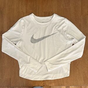 Nike White Long Sleeve Dri-Fit Top with Gray Swoosh - Size M